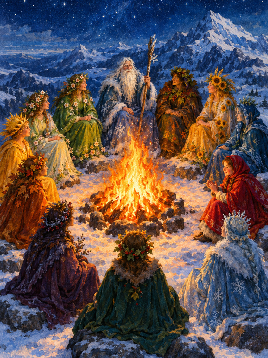 Twelve robed Months around a great fire on a mountain top