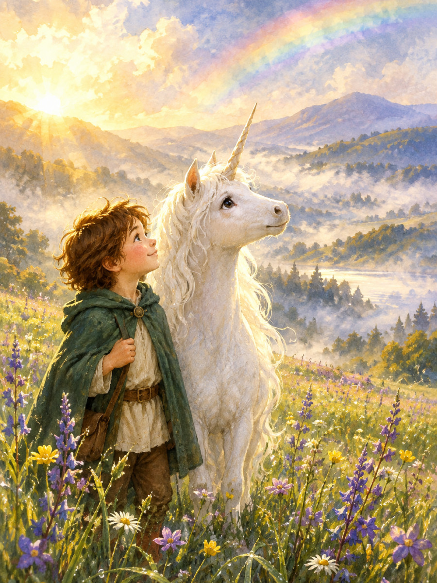 A fading rainbow above a meadow where our hero meets a shy unicorn